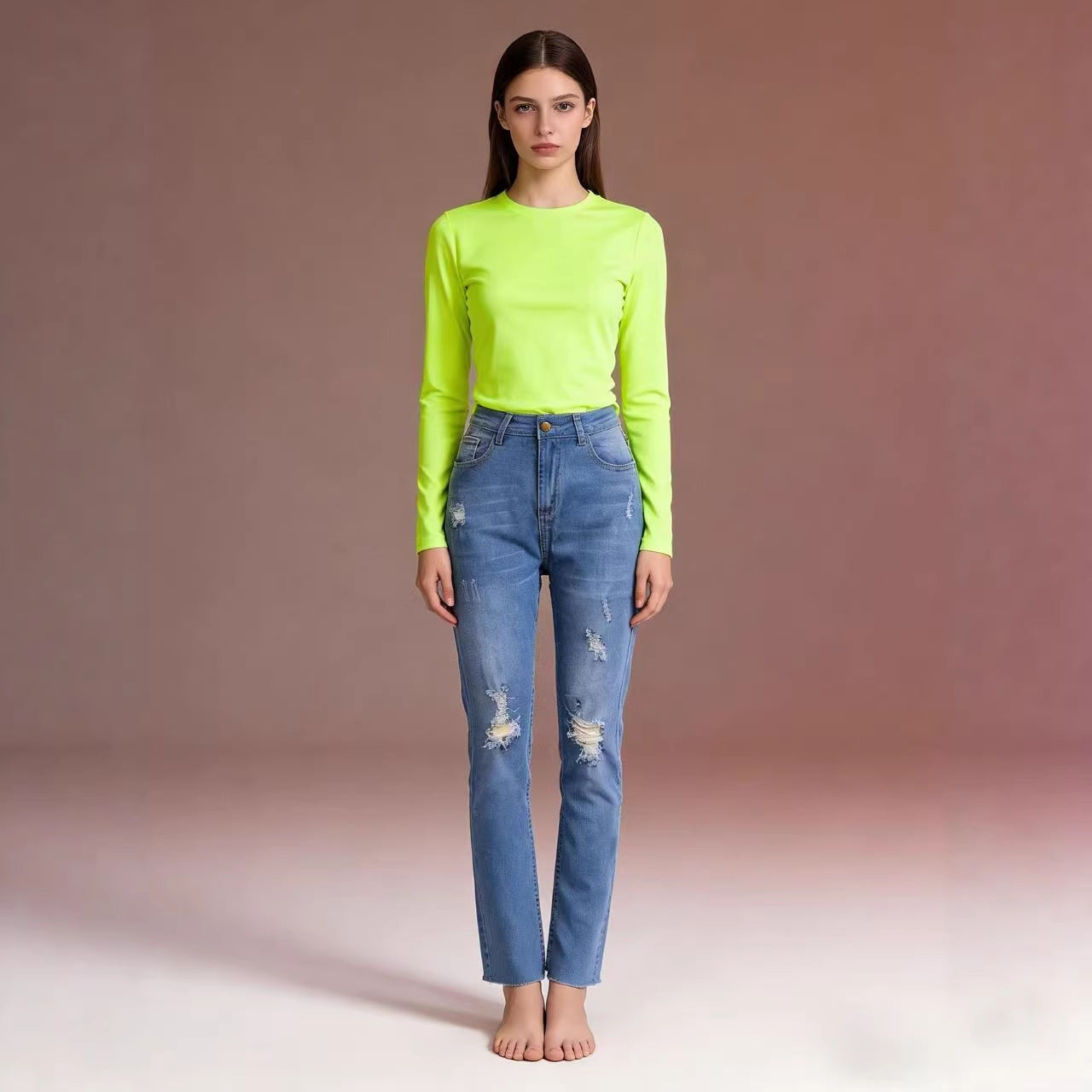 Damen Ripped Jeans mit hohem Bund und figurbetonter Passform