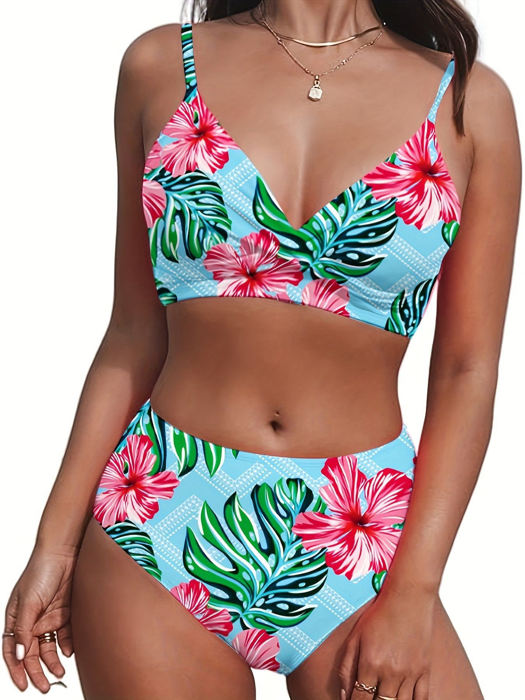 Damen Hochgeschnittener Bikini mit tropischem Muster R&B
