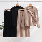 Damen elegantes Strickensemble mit Wickeloberteil und raffinierter hoher Taillierung R&B