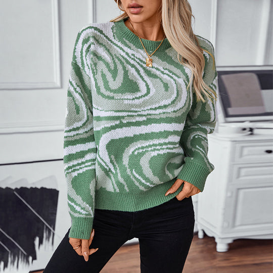 Damen gemusterter Strickpullover mit modernem Wellenmuster und Rundhalsausschnitt R&B