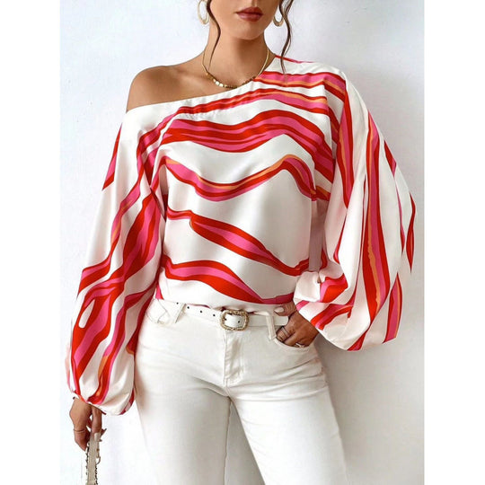 Damen Off-Shoulder Bluse mit voluminösen Ärmeln und maritimem Wellenmuster R&B