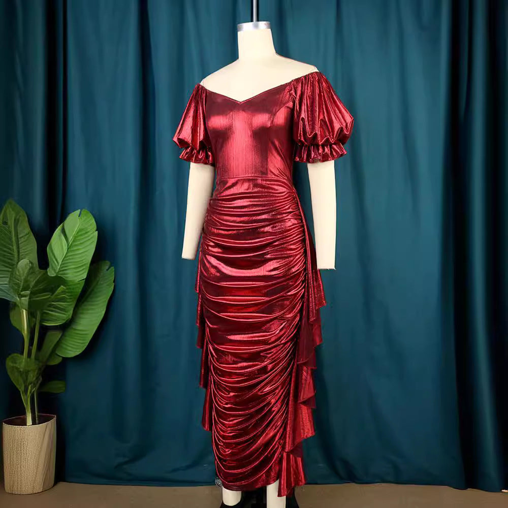 Damen elegantes Kleid mit voluminösen Ballonärmeln und asymmetrischem Saum R&B