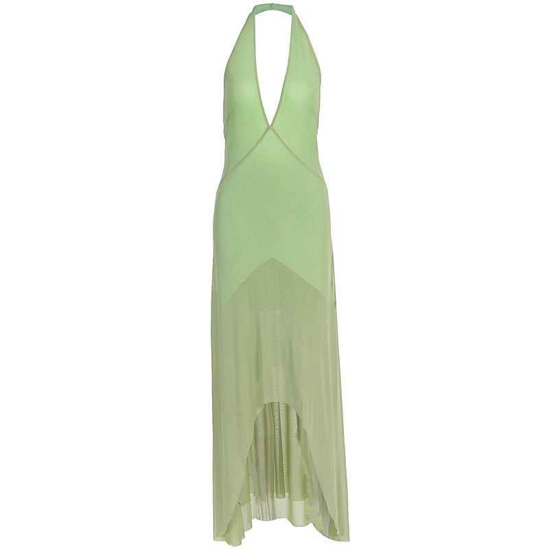 Damen elegantes Maxikleid mit tiefem V-Ausschnitt und transparentem Überwurf R&B