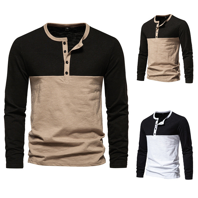 Herren Langarm-Henley-Shirt mit kontrastierenden Ärmeln und stilvollem Knopfdesign