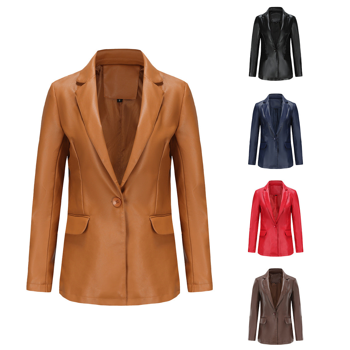 Damen nan taillierter Blazer aus Kunstleder mit Reverskragen und Pattentaschen R&B