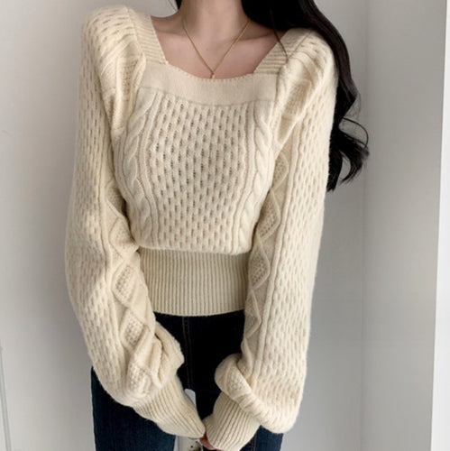 Damen Grobstrickpullover mit modernen Zopfdetails und quadratischem Ausschnitt R&B