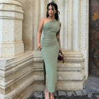 Damen elegantes Wickelkleid mit asymmetrischem Halsausschnitt und figurformendem Design R&B