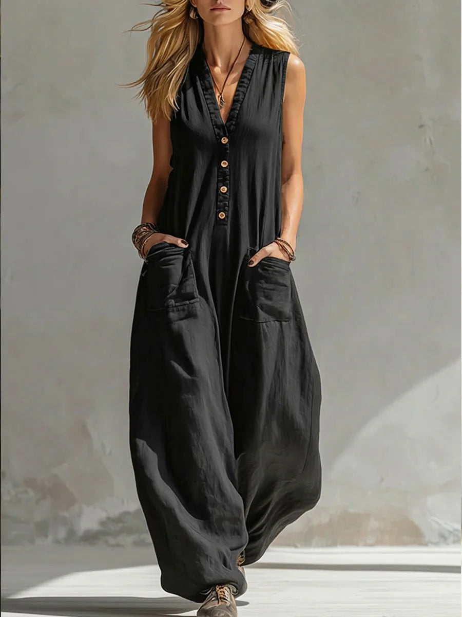 Damen Jumpsuit mit tiefem V-Ausschnitt und praktischen Taschen R&B