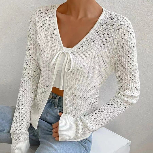 Damen Strickjacke mit tiefer V-Öffnung und zartem Lochmuster R&B