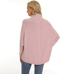 Damen gemütlicher Strickpullover mit hochgeschlossenem Kragen und modischem Zopfmuster R&B