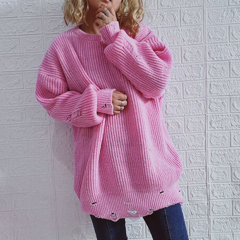 Damen Grobstrickpullover mit lässigen Rückenschlitzen und weiten Ärmeln R&B