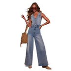 Damen Weitgeschnittene Denim-Latzhose mit Knopfdetails und regulierbarem Bund R&B