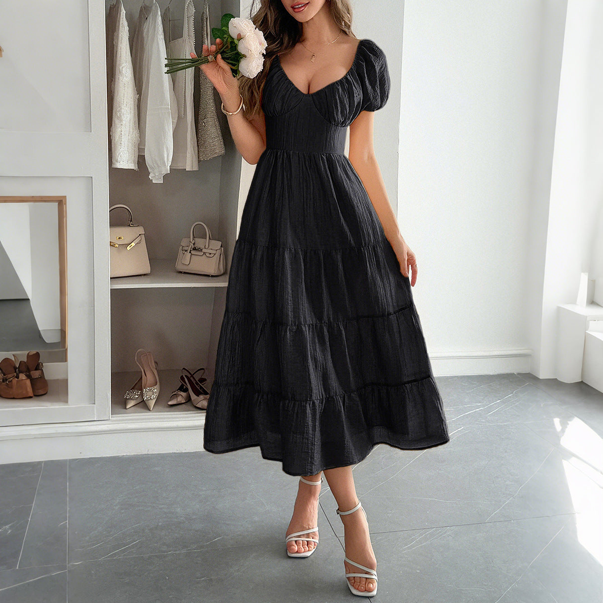 Damen Boho Maxikleid mit Puffärmeln undlagenanpassbarem Schnitt R&B