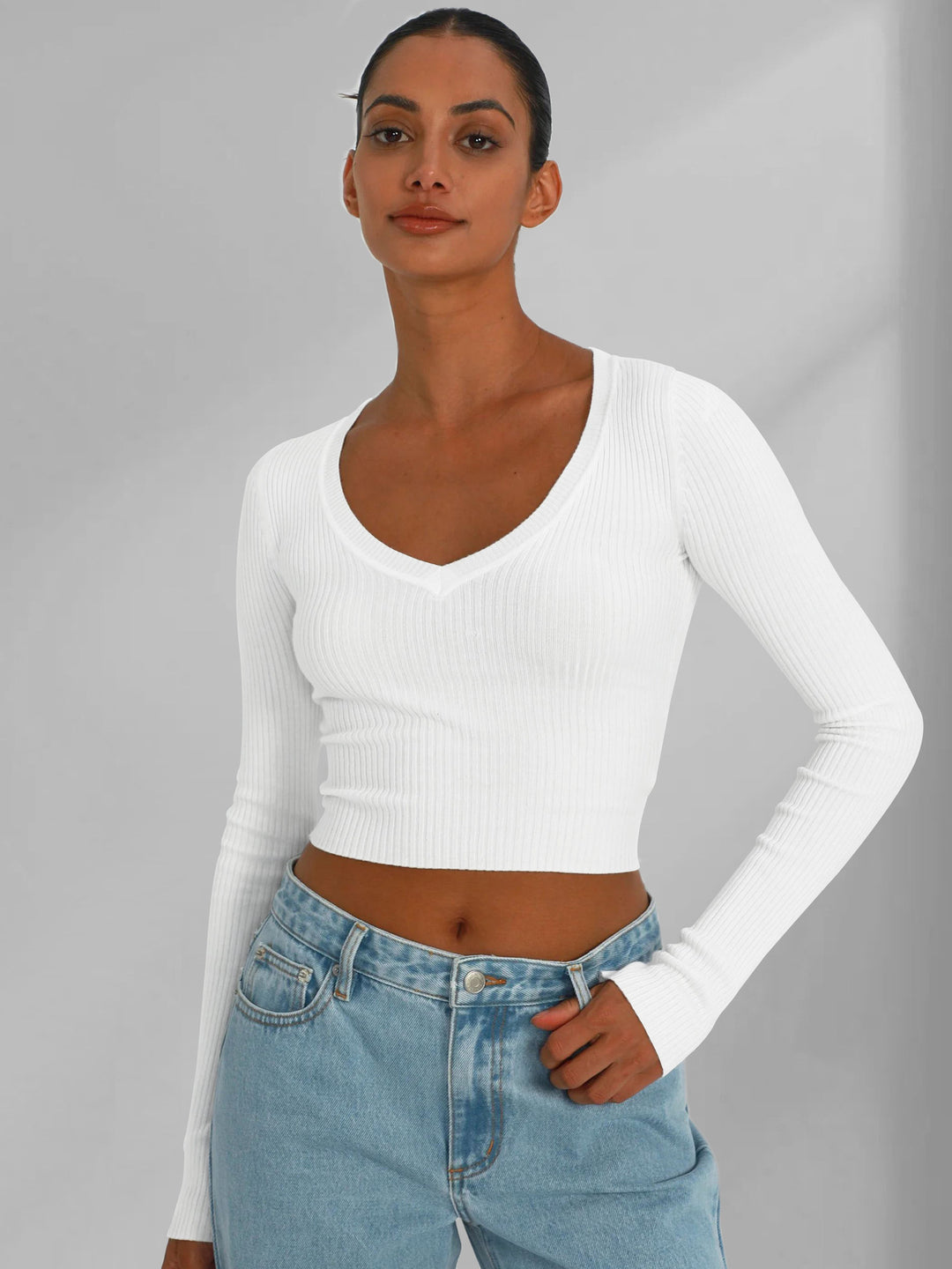 Damen figurbetontes Langarmcropped Oberteil aus Rippstrick R&B