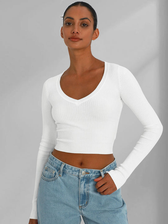 Damen figurbetontes Langarmcropped Oberteil aus Rippstrick R&B