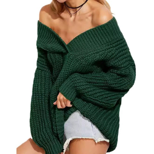 Damen Oversized Strickpullover mit V-Ausschnitt und breiten Ärmeln R&B