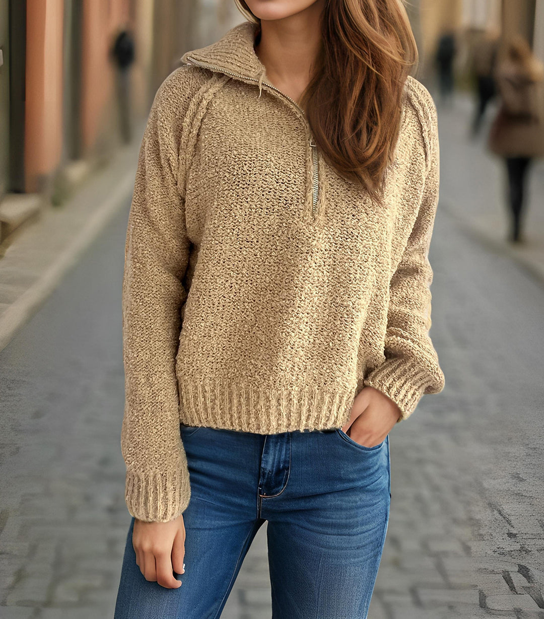 Damen lässiger Zip-Pullover mit oversized Schnitt und hohem Kragen R&B