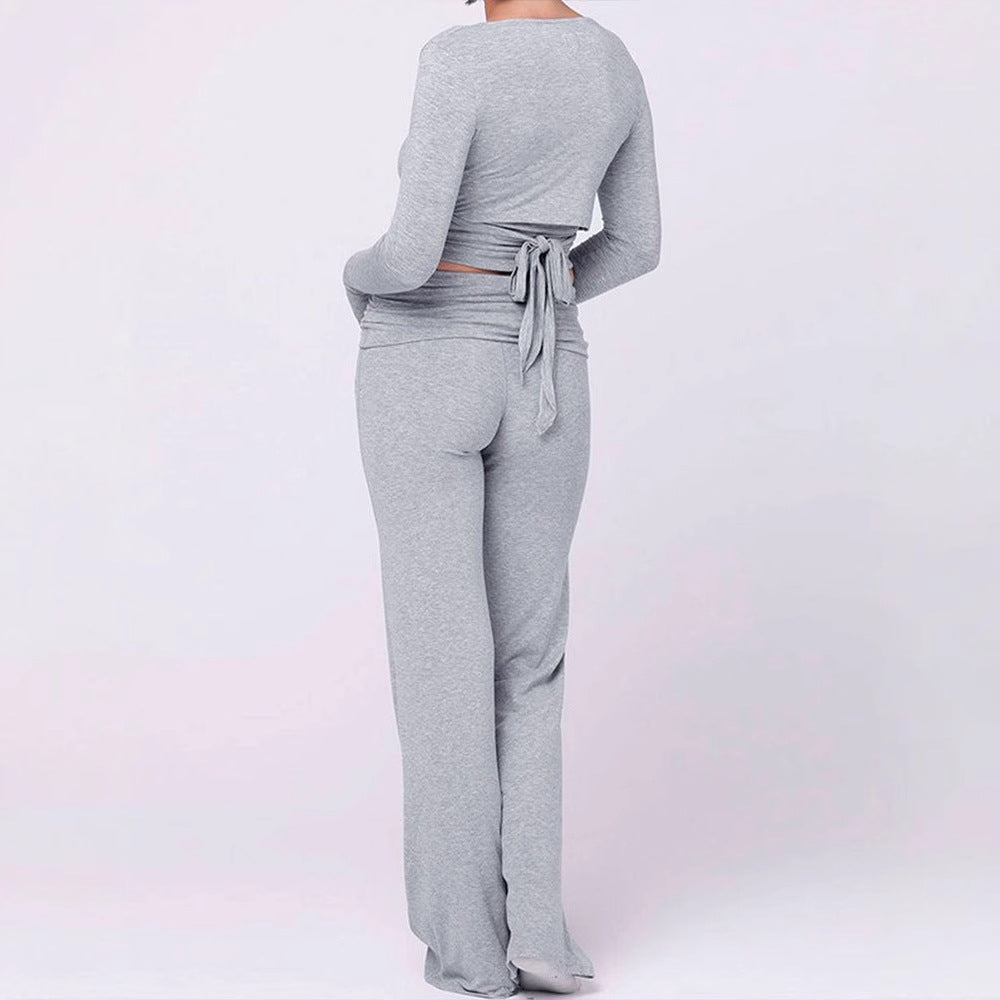 Damen modisches Two-Piece Set mit Wickeloberteil und Schlaghose R&B