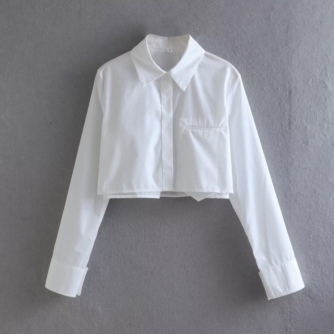 Damen cropped Bluse mit klassischem Kragen und praktischen Brusttaschen R&B