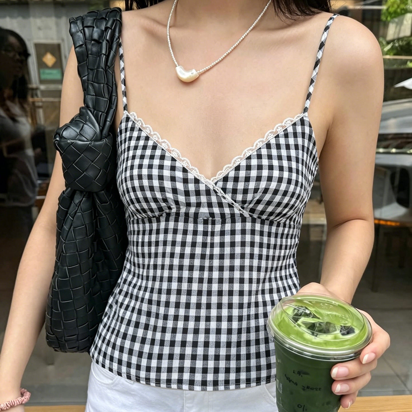 Damen V-Ausschnitt Vichy-Trägertop mit Spitzendetails R&B