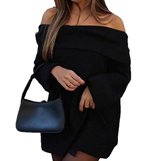 Damen Oversized Strickkleid mit schulterfreier Form und langen Ärmeln R&B