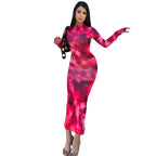Damen Langarm Maxikleid aus Stretchmaterial mit abstraktem Farbverlauf R&B