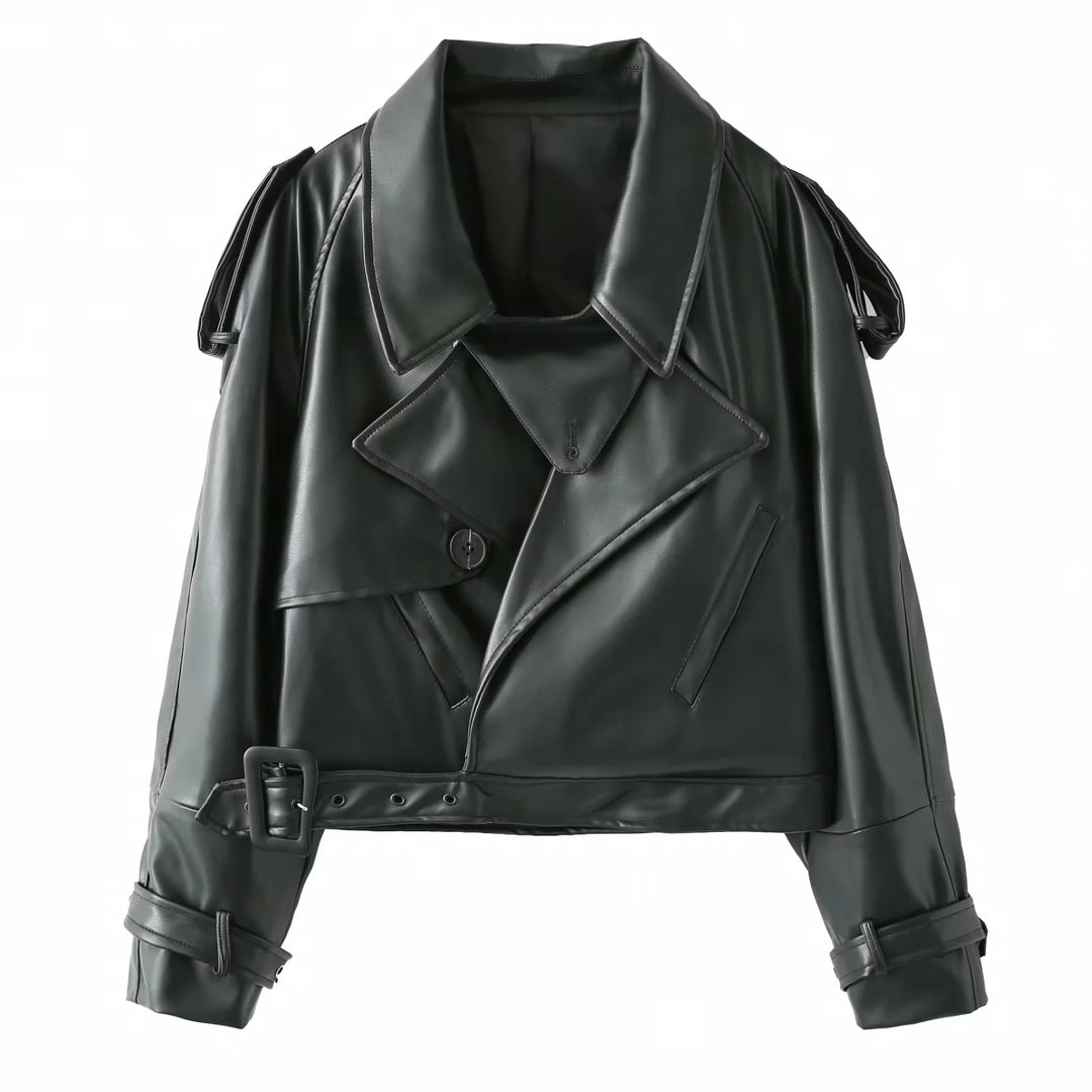 Damen coole cropped Kunstlederjacke mit asymmetrischem Kragen und modischem Design R&B