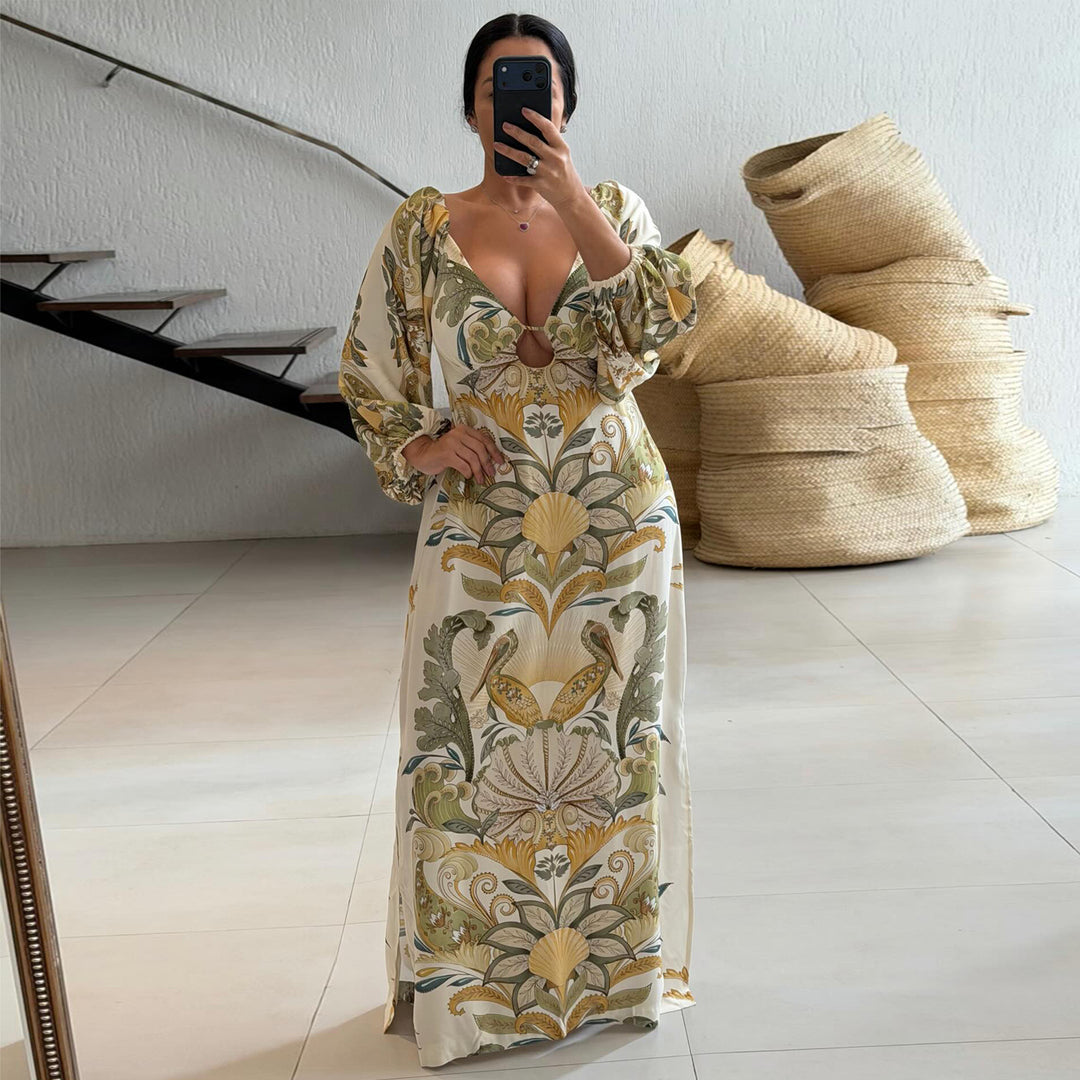 Damen Maxikleid mit kunstvollem Floral-Design und tiefem V-Ausschnitt R&B