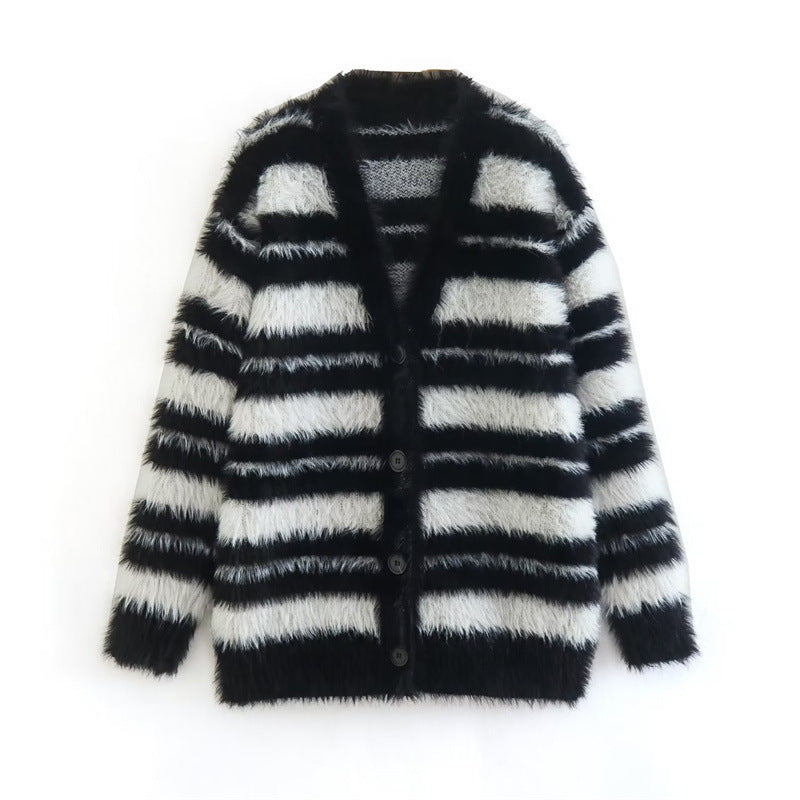 Damen Gemütlicher Strickcardigan mit modernem Streifenmuster und weichem Material R&B