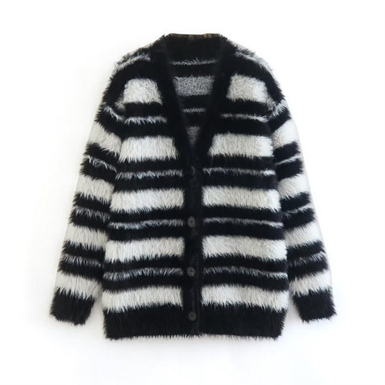 Damen Gemütlicher Strickcardigan mit modernem Streifenmuster und weichem Material R&B