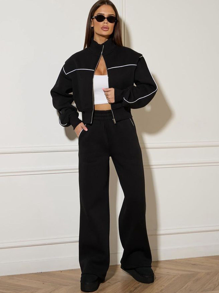 Damen modische Sweatjacke mit hochgeschlossenem Kragen und feinen Kontrastnähten R&B