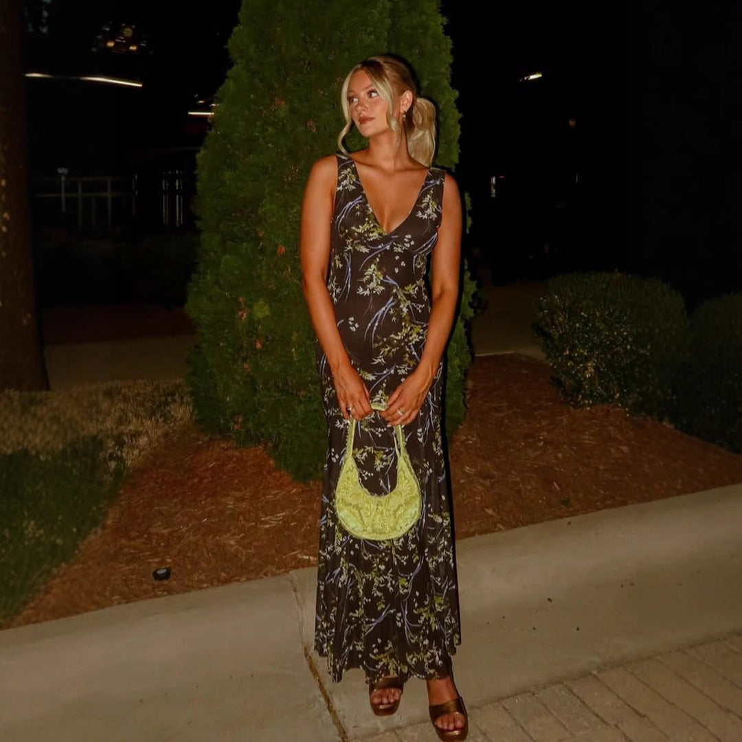 Damen Maxikleid mit floralen Akzenten und elegantem V-Ausschnitt R&B