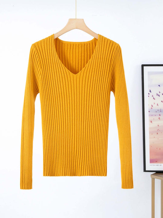 Damen Feinstrickpullover mit V-Ausschnitt und Rippenstruktur R&B