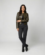 Kurze grüne Lederjacke Damen Übergröße Lockerer Schnitt Herbst Jacke