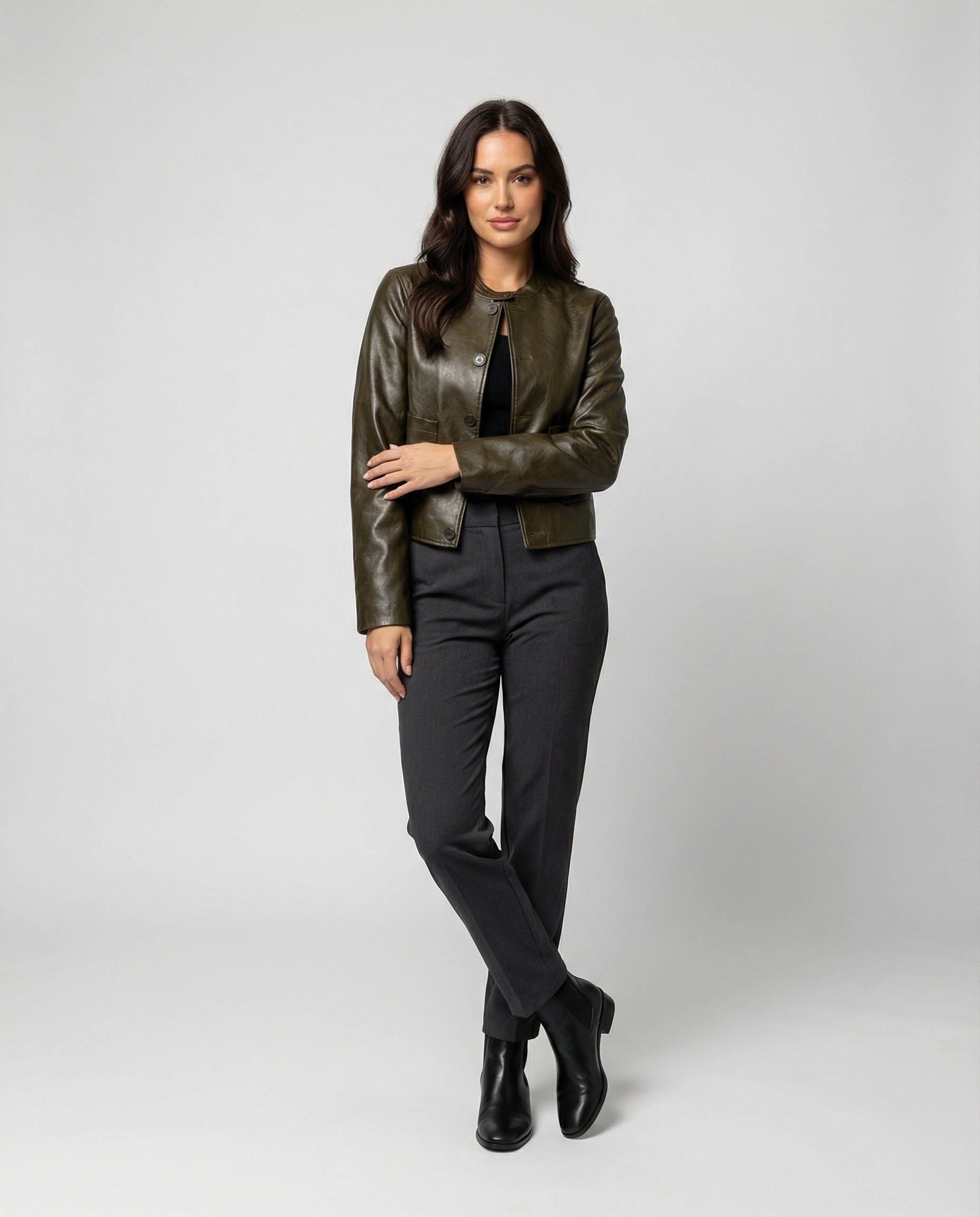 Kurze grüne Lederjacke Damen Übergröße Lockerer Schnitt Herbst Jacke