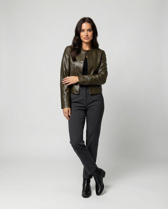 Kurze grüne Lederjacke Damen Übergröße Lockerer Schnitt Herbst Jacke