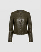 Kurze grüne Lederjacke Damen Übergröße Lockerer Schnitt Herbst Jacke