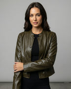 Kurze grüne Lederjacke Damen Übergröße Lockerer Schnitt Herbst Jacke