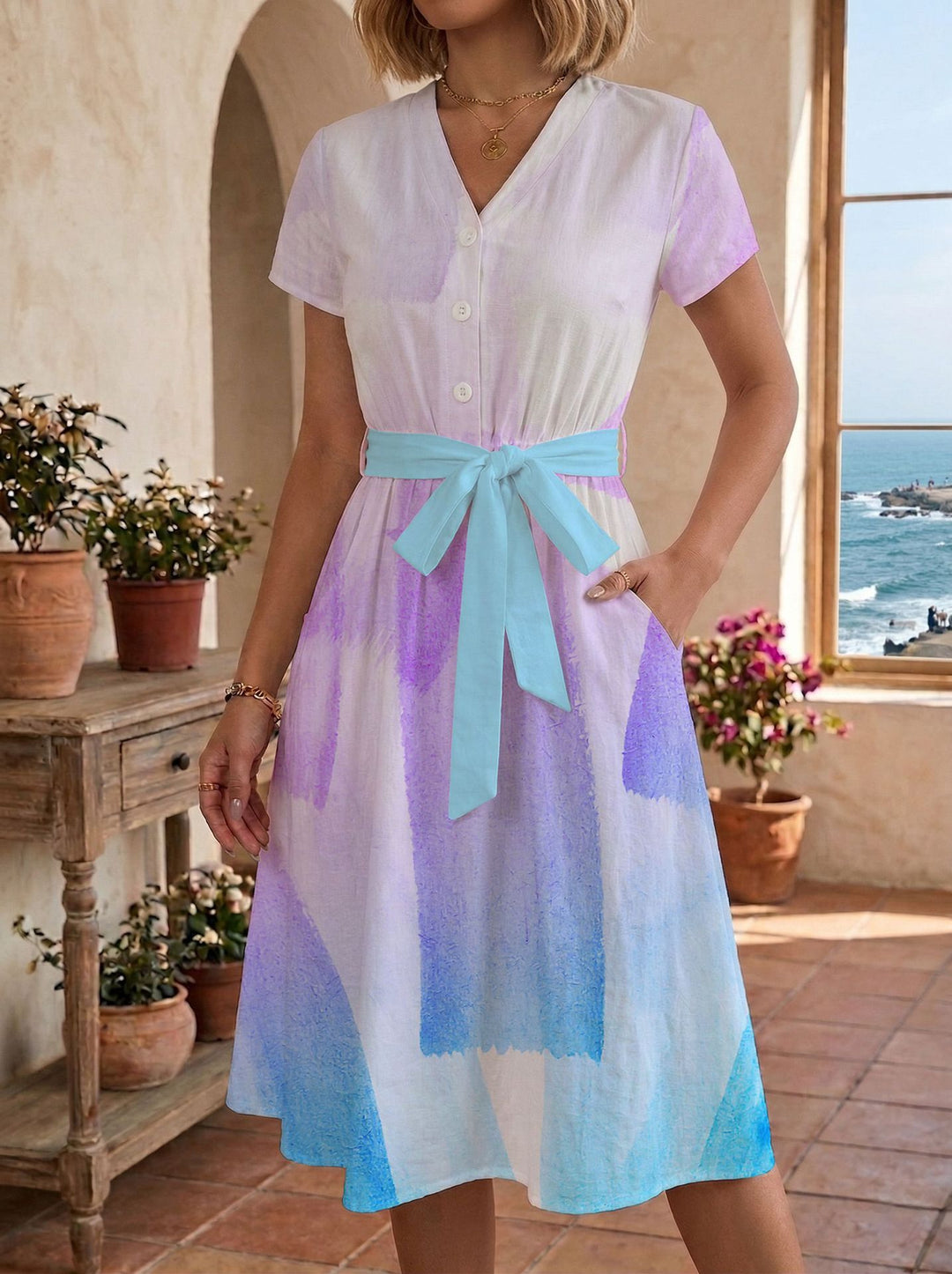 Damen Sommerliches Kleid mit taillierbarem Bindegürtel und floralem Muster R&B