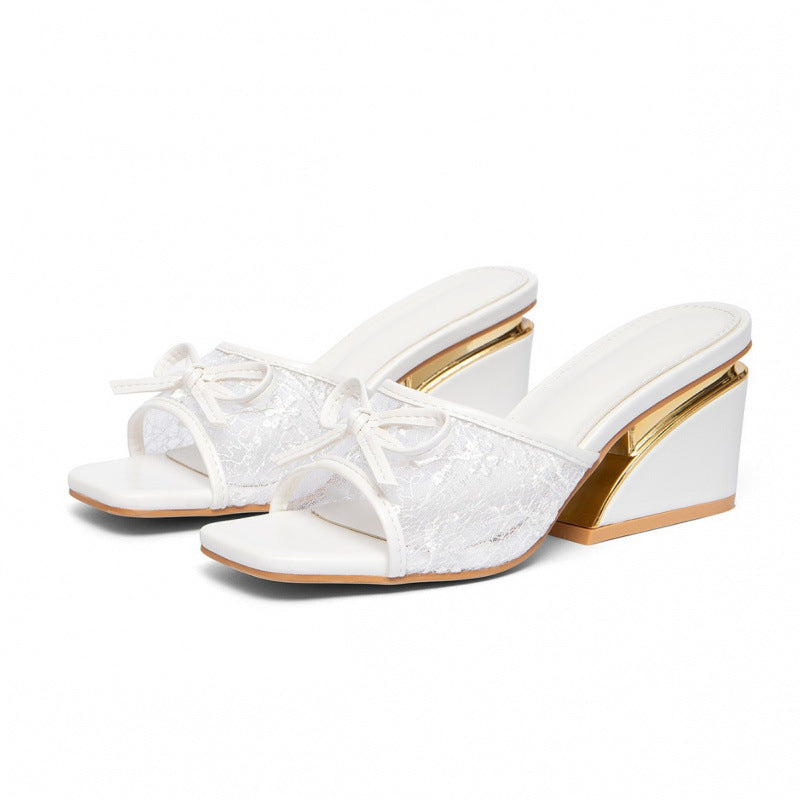 Damen elegantes Mules mit zierlichem Schleifendetail und glamourösem Keilabsatz R&B