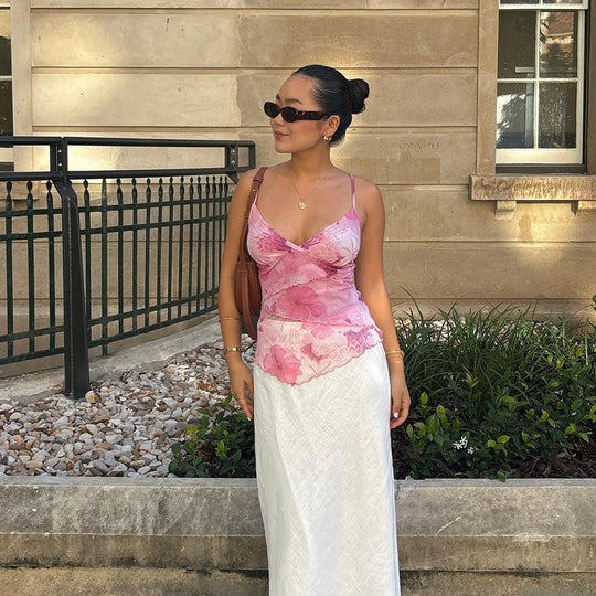 Damen Floral Spitzenoberteil mit eleganter Wickeloptik und feinen Spaghettiträgern R&B