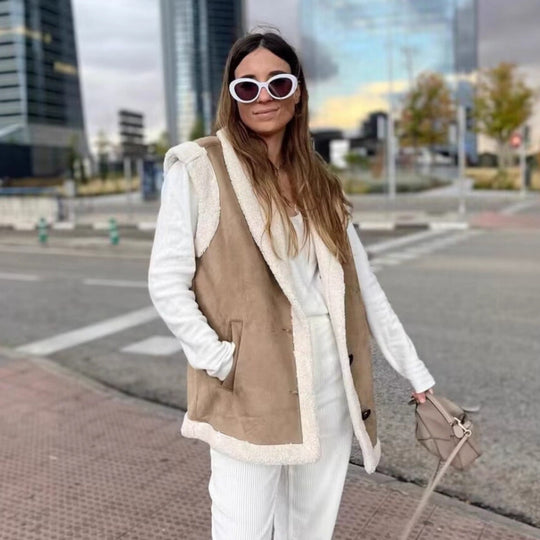 Damen warme Fleece-Weste mit klassischem Kragen und praktischen Taschen R&B