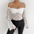 Damen Spitzenoberteil mit schulterfreiem Design und eleganten Trompetenärmeln