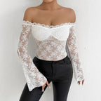 Damen Spitzenoberteil mit schulterfreiem Design und eleganten Trompetenärmeln
