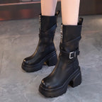 Damen Stilvolle Stiefeletten mit hohen Blockabsätzen und modischem Riemendesign