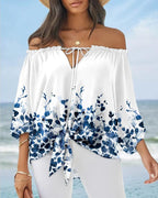 Damen Off-Shoulder Bluse mit floralem Design und Bindegürtel R&B