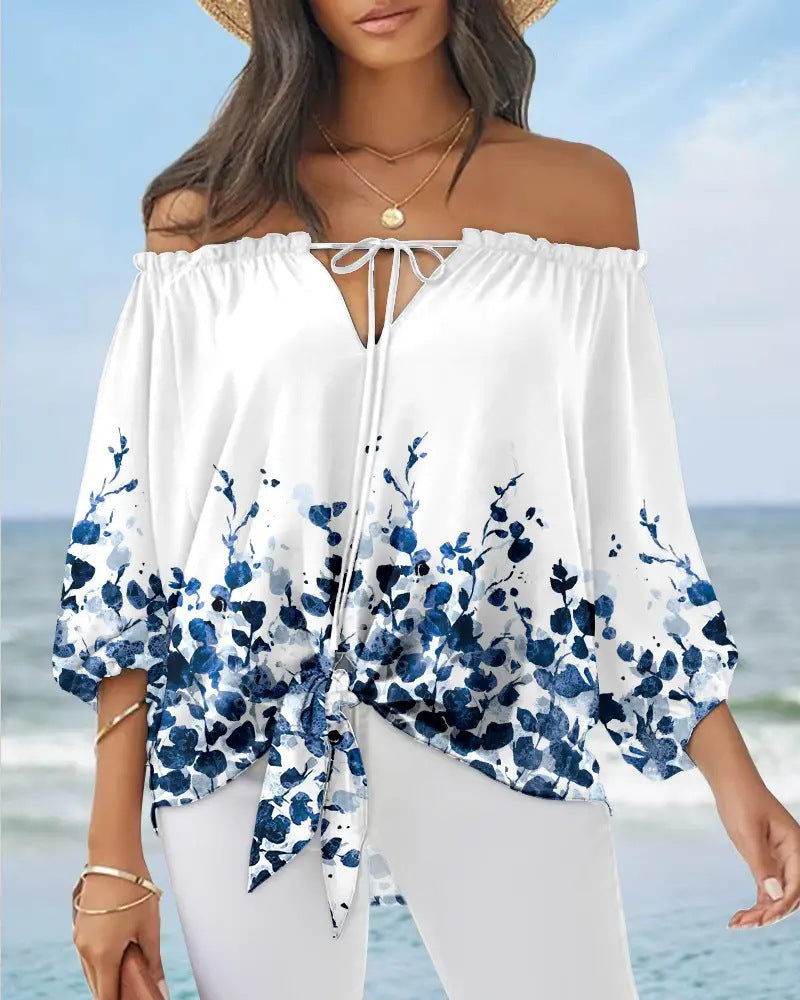Damen Off-Shoulder Bluse mit floralem Design und Bindegürtel R&B