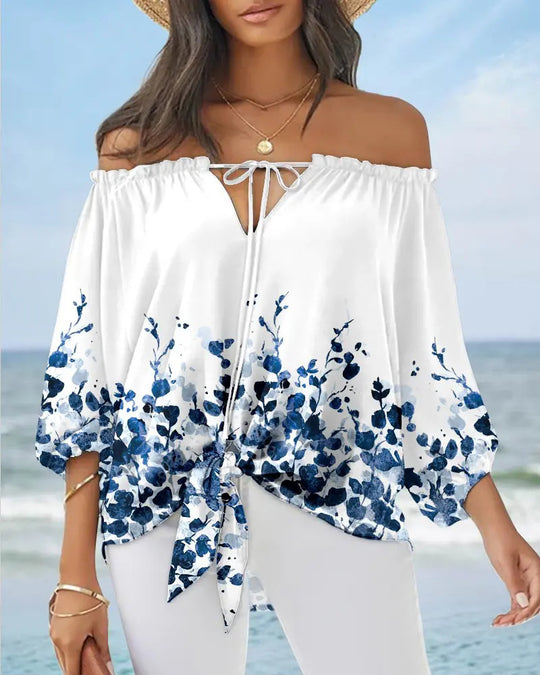 Damen Off-Shoulder Bluse mit floralem Design und Bindegürtel R&B