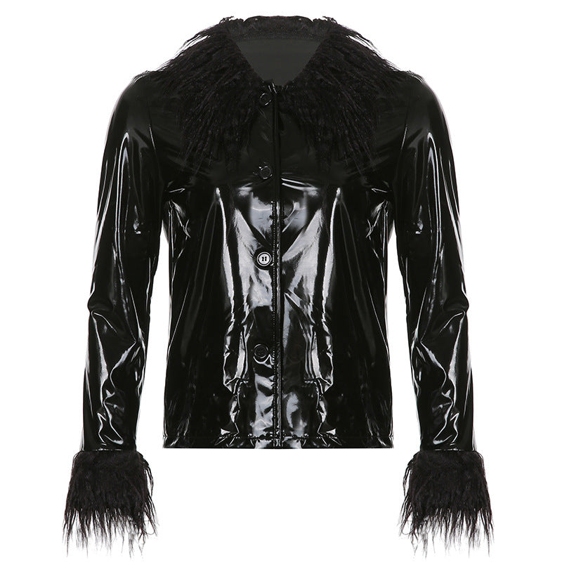 Damen modische Jacke mit luxuriösem Kunstpelzkragen und glänzender Oberfläche R&B