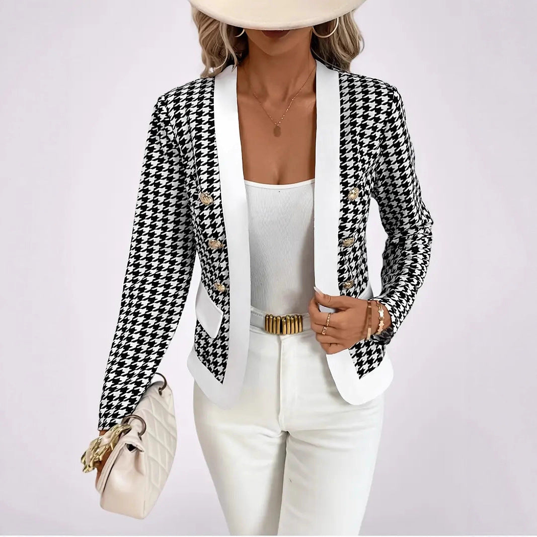 Damen Moderne Blazerjacke mit Hahnentrittmuster und eleganten Knöpfen R&B